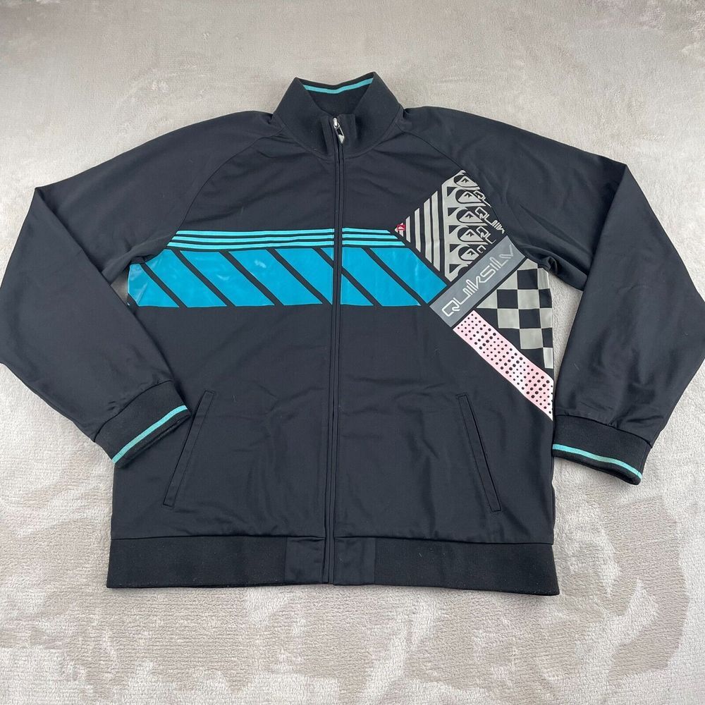 Vintage Quiksilver Track Jacket Men XL Black Retro Logo Full Zip Beach Grunge